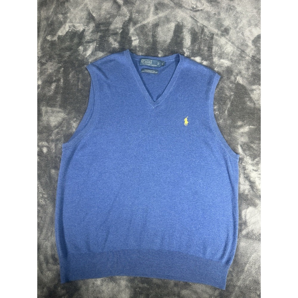 Polo Ralph Lauren Pima Cotton Sweater Vest Mens LARGE Blue Pullover V Neck Knit